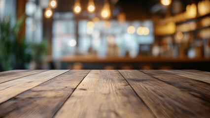 Wooden table in the foreground with a blurred background of a cozy bar with warm lighting.