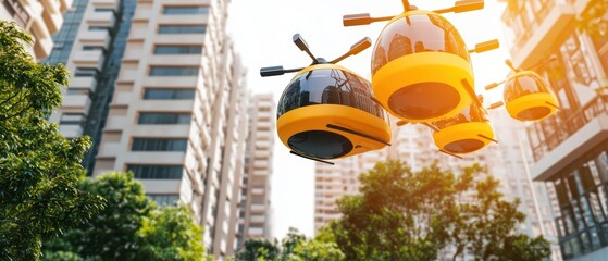 Futuristic drones flying above modern city buildings, showcasing advanced technology and urban living.