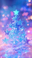 Wall Mural - luminous christmas tree with glowing stars against a dazzling bokeh background.