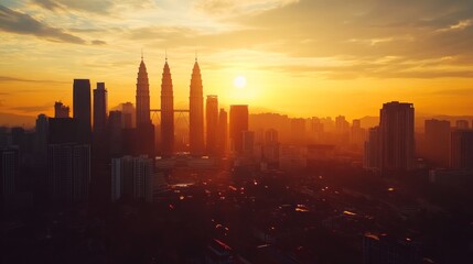 Serene view of a Kuala Lumpur city skyline bathed in the warm glow of sunset,