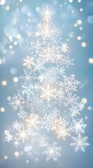 Wall Mural - Unique christmas tree composed of glowing snowflakes on a soft blue background.