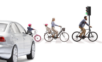 Sticker - Family with children crossing a street on bicycles