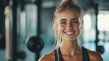 Young smiling fitness instructor girl in a gym. Wellbeing and positive mood concept with copy space