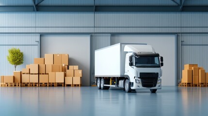 Cold Storage Warehouse with Truck and Packing Boxes