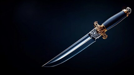 Ornate Dagger with Intricate Detail: A close-up of a sleek, ornate dagger with a dark blade, intricate gold accents, and a black handle. The dagger rests on a dark blue background.