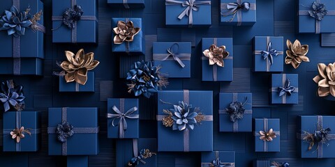 Sticker - A luxurious background of neatly stacked blue gift boxes creating a wall-like effect with a strong sense of perspective, extending into the distance