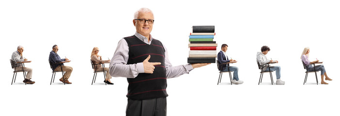 Canvas Print - Man with a pile of books and people sitting in school chairs in a row