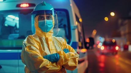 Wall Mural - A man in a yellow suit with a blue mask stands in front of a white van