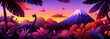 © JP STUDIO LAB - A cartoon dinosaur walking through a flat design prehistoric landscape with volcanoes and trees