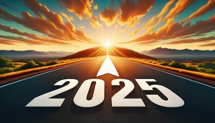 road of 2025, Road to 2025 with an empty road with written 2025 and arrow pointing towards the horizon to represent the future and positivity and success