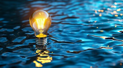 Wall Mural - A light bulb floats on the surface of a pool of water. The bulb is lit, shining bright against the dark blue water. This image represents the concept of hydropower.