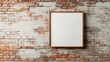 © JAKE STUDIO - Empty wooden frame on a rustic brick wall for artistic display.