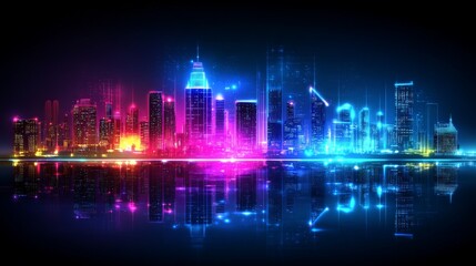 Wall Mural - Vibrant Neon Cityscape Reflecting on Still Water at Night