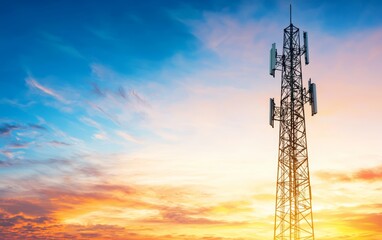 Cellular tower with antennas illuminated by a colorful sunset, blending modern communication with a serene evening sky