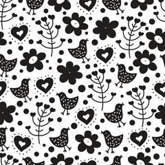 Wall Mural - Black  floral pattern with flowers and  birds. Kid design.