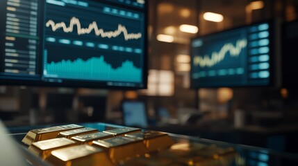 Poster - a high-angle view captures a refined financial office featuring gold bars arranged on a glass table,