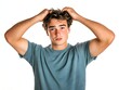 © Anusa - Frustrated young man pulling hair exasperated expression on white studio background with strong directional lighting