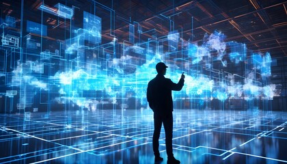 Wall Mural - Businessman engaging with virtual interface of global logistics network for transportation and distribution, powered by Smart Logistics and Generative AI