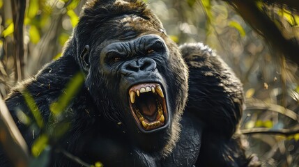 A large male gorilla with a fierce expression, its mouth open in a menacing roar, showing its teeth. The gorilla is surrounded by lush green foliage, creating a sense of wildness and power.