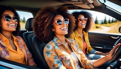 Wall Mural - Joyful summer road trip with smiling African American woman and friend enjoying the journey together