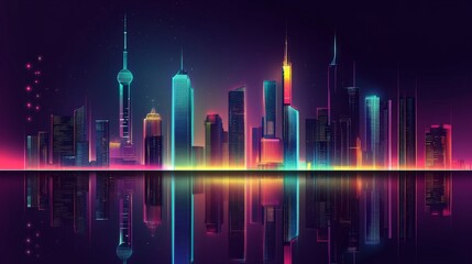 Wall Mural - Neon Metropolis: A Vibrant Urban Skyline in Glowing Reflections