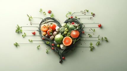 Heart made of intertwined fruit and vegetable vines, Natures Heart, organic growth and natural health concept