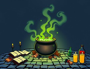 A whimsical yet spooky Halloween poster featuring a bubbling cauldron sitting on a cobblestone floor, surrounded by scattered spell books, candles, and potion bottles.