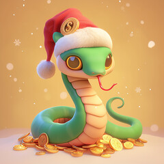 Sticker - A green snake wearing a Santa hat and holding a coin. The snake is surrounded by gold coins