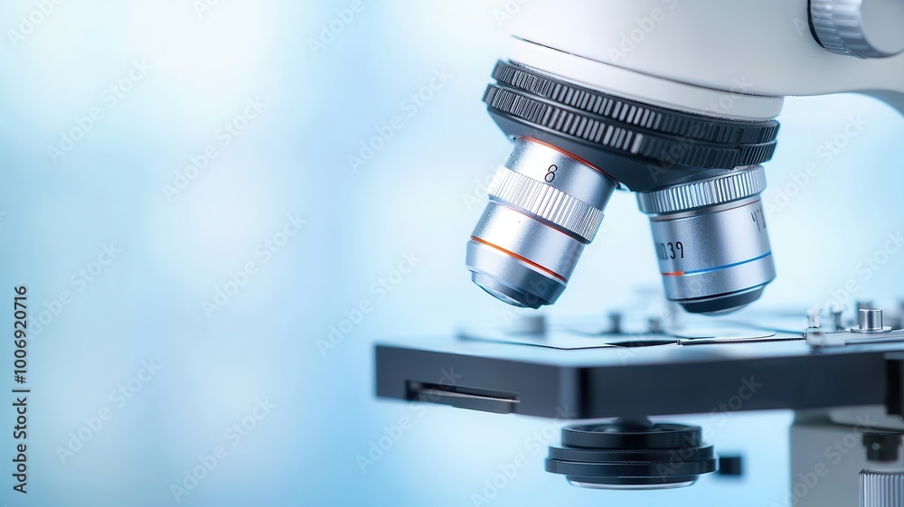 Objective Close A close-up of a microscope, highlighting the objective lenses and stage ...