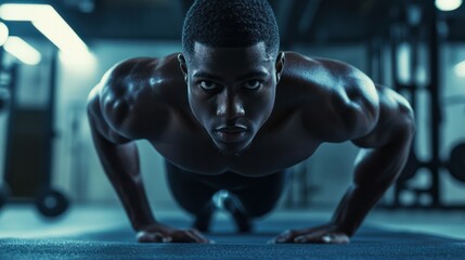 Black african american athlete doing a push up at gym