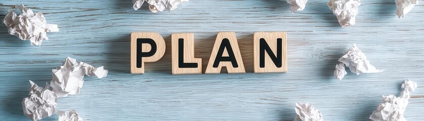Wall Mural - creative workspace with the word plan formed with wooden letters.