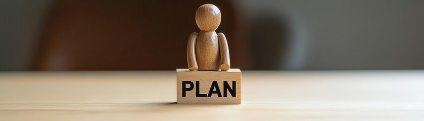 Wall Mural - wooden figure holding a sign that says plan, on a table against a blurred background.