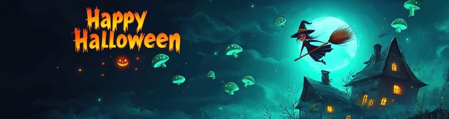 Poster - illustration of a halloween banner with a witch flying on a broomstick, a full moon, and a haunted h
