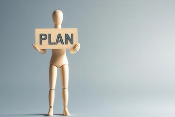 Wall Mural - wooden mannequin holding a sign that says plan, minimalistic studio background.