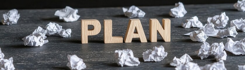 Wall Mural - wooden letters spelling 'plan' surrounded by crumpled papers on a dark surface.