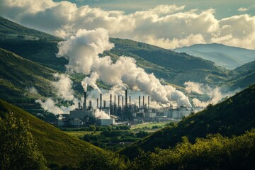 Wall Mural - A factory nestled in a lush green valley, smoke blending with clouds, a reflection on the impact of industry on the environment 