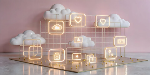 Poster - Cloud Computing Love:  A futuristic illustration of interconnected cloud computing, social media icons, and hearts, symbolizing the power of connection and digital love in the cloud. 