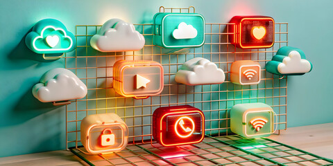Poster - Neon Cloud Network:  Vibrant 3D cloud icons illuminate a stylish grid, representing interconnectedness and digital technology.  A captivating visual for tech, networking, and cloud computing concepts.
