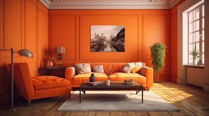 Orange living room interior with orange sofa and armchair. 3d rendering