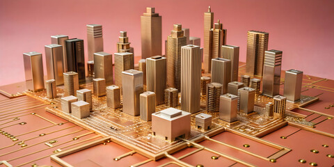 Poster - The City of the Future: A miniature cityscape constructed from metallic components, perched atop a circuit board,  suggests a future where technology and urban life intertwine seamlessly.  