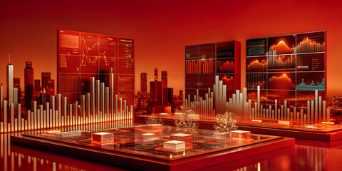 Poster - Red Hot Stock Market: A dramatic 3D visualization of the stock market's volatile nature, depicted with soaring and plummeting graphs against a fiery red backdrop.