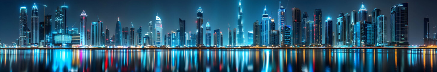 Poster - Panoramic view of Dubai's Business Bay at night, with illuminated buildings