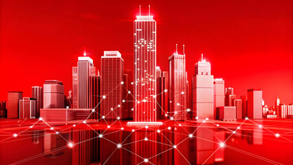 Poster - Red City Skyline: A modern city skyline, rendered in a striking red hue, with a network of interconnected dots, symbolizing the interconnectedness of urban life and the digital age.  