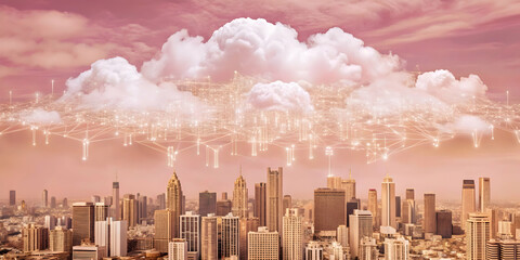 Poster - Cityscape Under a Data Cloud: Futuristic digital rain falls from a massive cloud over a sprawling metropolis, symbolizing technological innovation and interconnectedness. 
