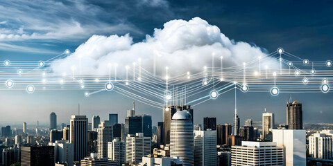 Poster - Cloud Computing Above Cityscape: A majestic white cloud, symbolizing the boundless potential of cloud computing, floats above a bustling cityscape.
