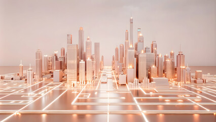 Poster - City of Tomorrow: A futuristic cityscape rendered in soft, glowing hues, with intricate network of illuminated pathways.  The city's buildings rise towards the sky, symbolizing ambition, progress.