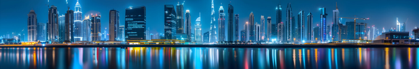 Poster - Panoramic view of the Dubai skyline with skyscrapers and buildings at night, high resolution, high quality, high detail, super realistic photography, super detailed, cinematic lighting