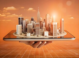 Poster - Cityscape in the Palm of Your Hand: A miniature cityscape rests on a digital tablet, symbolizing the power of technology to shrink the world and connect us all.  