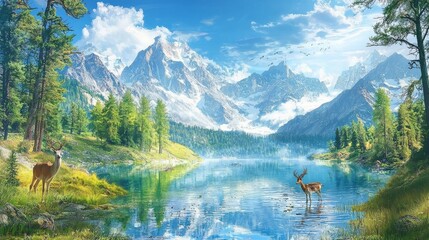 Sticker - beautiful nature with mountains with animals 4k 