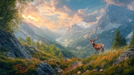 Wall Mural - beautiful nature with mountains with animals 4k 